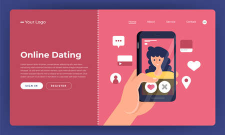 Mockup landing page website concpt dating online application via hand hold mobile chat and social activity relationship between man and woman. Vector illustrate.のイラスト素材