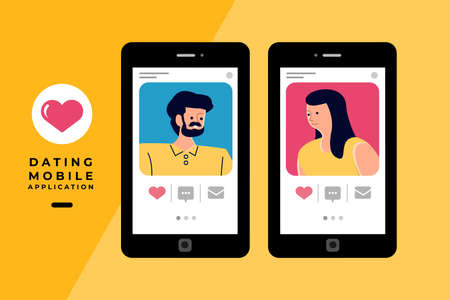 Modern illustrations concpt dating online application via hand hold mobile chat and social activity relationship between man and woman. Vector illustrate.のイラスト素材