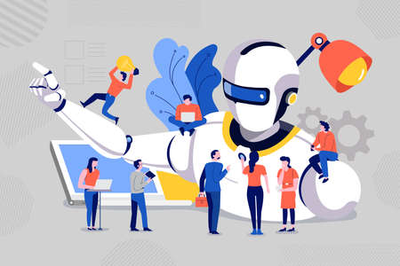 Illustrations concept team building and development of intelligent robot with computer tools and creativity. Vector illustrate.のイラスト素材