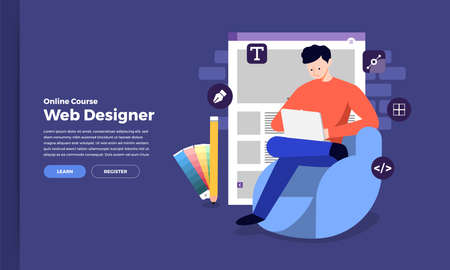 Illustration flat design concept web or application designer and programmer sitting working with computer on desk. Vector illustrate.のイラスト素材