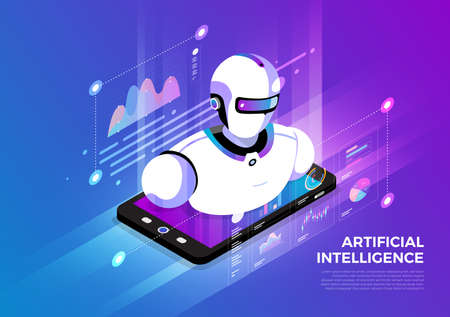 Isometric illustrations design concept mobile technology solution on top with artificial intelligence. Gradient background and digital graph chart thin line. Vector illustrate.のイラスト素材