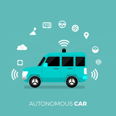 Autonomous self-driving Automobile sensors Smart Car Driverless vehicle technology. Vector illustrate.のイラスト素材
