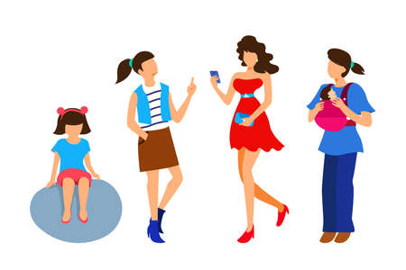Character of a woman in different ages. A child, a teenager, an adult.Generation of people and stages of growing up. Vector illustration in cartoon styleのイラスト素材