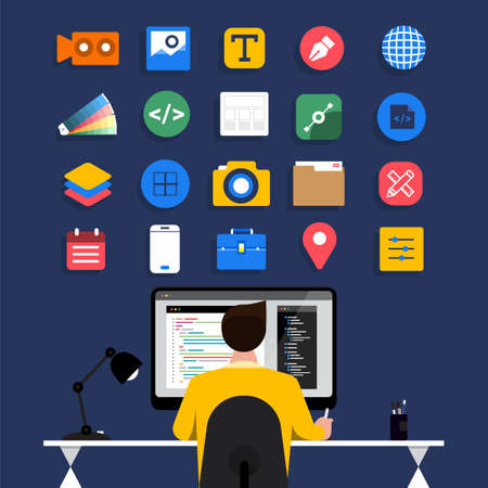 Illustration flat design concept web or application designer and programmer sitting working withcomputer on desk. Vector illustrate.のイラスト素材