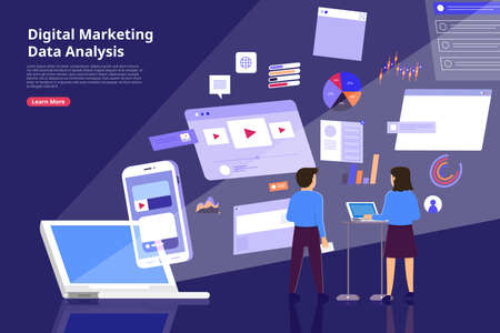 Flat design concept digital marketing analysis data information of customer with businessman and woman standing via computer. Vector illustrate.のイラスト素材