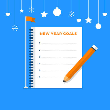 Illustrations flat design concept new year resolutions via set goal with write on paper for mission success. Vector illustrate.のイラスト素材