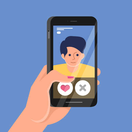 Modern illustrations concpt dating online application via hand hold mobile chat and social activity relationship between man and woman. Vector illustrate.のイラスト素材