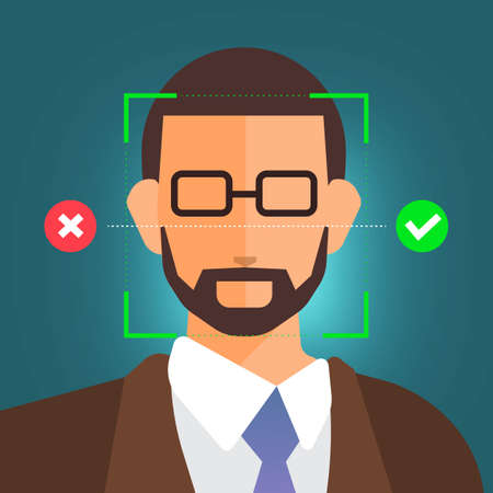 Illustrations concept facial recognition technology present with portrait closeup to face of human for scan. Design for banner website publisher or magazine. Vector illustrate.のイラスト素材