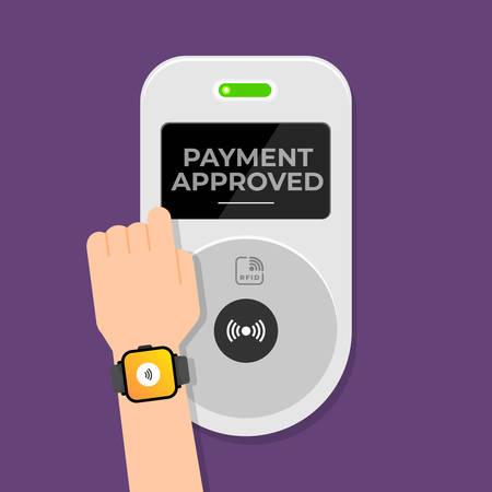 Radio frequency identification illustrations concept. RFID Technology present via working with hands and device connecting. Vector illustrations.のイラスト素材