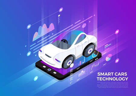 Isometric illustrations design concept mobile technology solution on top with smart cars. Gradient background and digital graph chart thin line. Vector illustrate.のイラスト素材