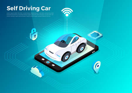 Autonomous self-driving Automobile sensors Smart Car Driverless vehicle technology. Vector illustrate.のイラスト素材