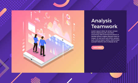 Mockup landing page website isometric design concept mobile application analytics tools via teamwork business. Vector illustrations.のイラスト素材