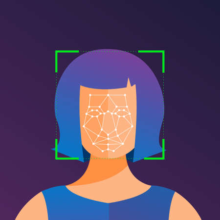 Illustrations concept facial recognition technology present with portrait closeup to face of human for scan. Design for banner website publisher or magazine. Vector illustrate.のイラスト素材
