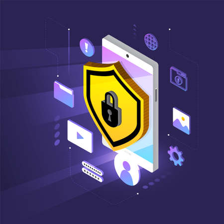Isometric illustrations design concept mobile technology solution cyber security and device. Gradient background . Vector illustrate.のイラスト素材