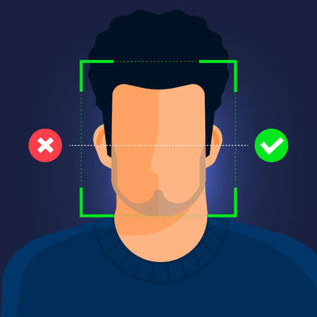 Illustrations concept facial recognition technology present with portrait closeup to face of human for scan. Design for banner website publisher or magazine. Vector illustrate.のイラスト素材