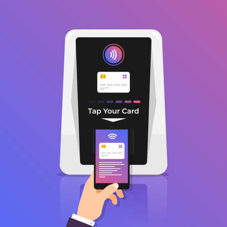 Radio frequency identification illustrations concept. RFID Technology present via working with hands and device connecting. Vector illustrations.のイラスト素材