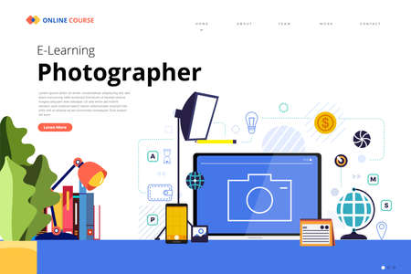 Mockup design landing page website education online course photographer. Vector illustrations. Flat design element.のイラスト素材
