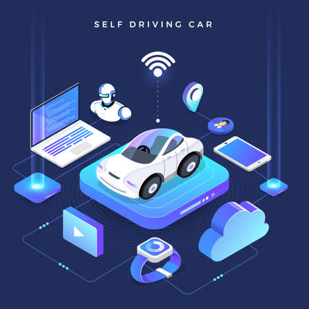 Autonomous self-driving Automobile sensors Smart Car Driverless vehicle technology. Vector illustrate.のイラスト素材