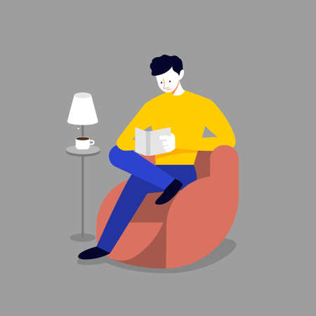 Man relax on sofa and reading book. Vector illustrations cartoon flat design concept.のイラスト素材