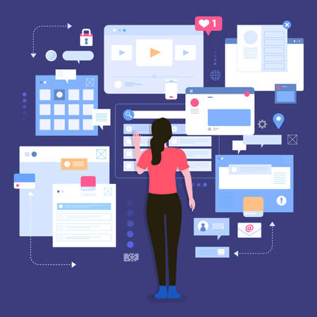 Flat design concept social media monitoring and analysis by people digital business marketing working with visualize. Vector illustrations.のイラスト素材