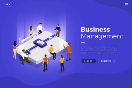Isometric flat design concept teamwork working business management tools and element. Vector illustrations.のイラスト素材