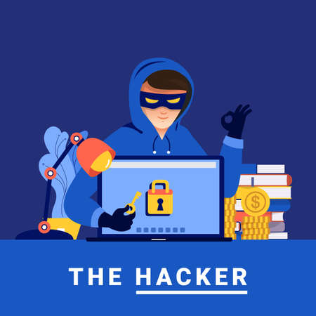 Flat design concept hacker activity cyber thief on internet device. Vector illustrate.のイラスト素材