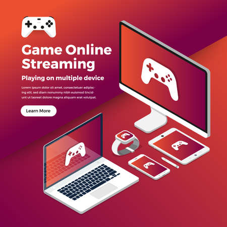 Illustrations flat design concept game online streaming platform can playing multiple device with internet browser. Playing online console controller. Vector illustrate.のイラスト素材