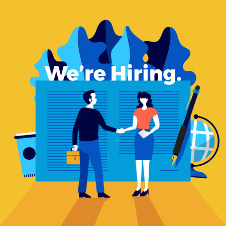 Illustrations flat design concept we're hiring. Announce design finding employee and recruit worker...