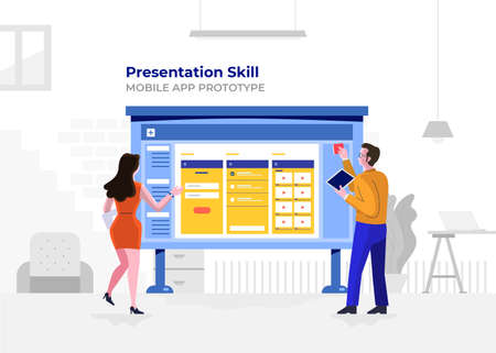Illustration flat design cartoon concept people presentation skill. Mobile application prototype.  Workspace meeting room amd whiteboard show graph chart. Vector illustrate.のイラスト素材
