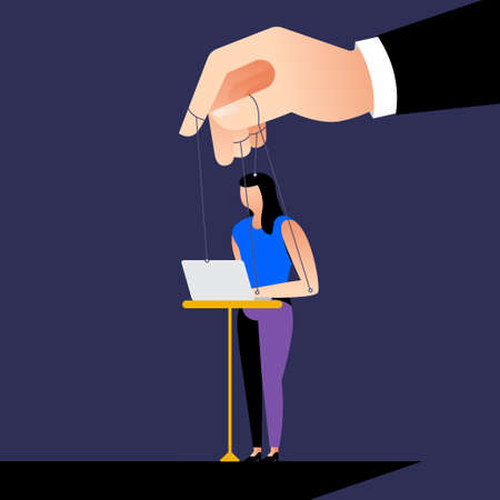 Illustration style cartoon concept the boss control employee with micro management like a puppet. Business issue. Vector illustration.のイラスト素材