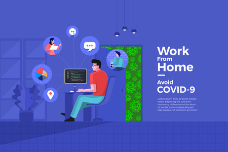 Illustrations concept coronavirus COVID-19. The company allows employees to work from home to avoid...
