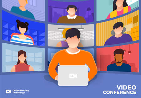 Illustrations flat design concept video conference. online meeting work form home. Vector illustrate.のイラスト素材