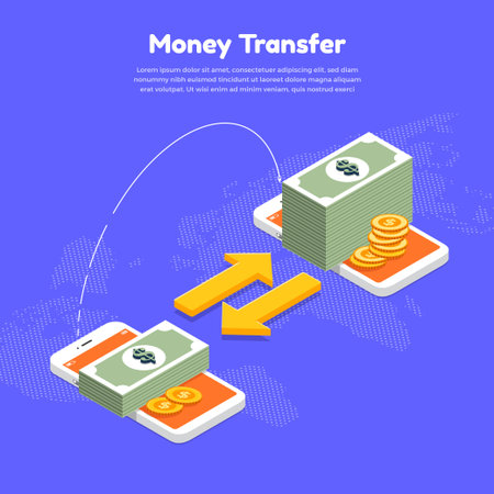 Illustration concept transfer money. Two smartphones transferring money to each other. Vector illustrate.のイラスト素材