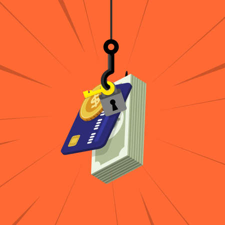 Vector illustrations concept hacker phishing personal data. Hacking fraud investigation, internet phishing attack, evil win, personal privacy data, hacking and stealing email and money with tiny peopleのイラスト素材