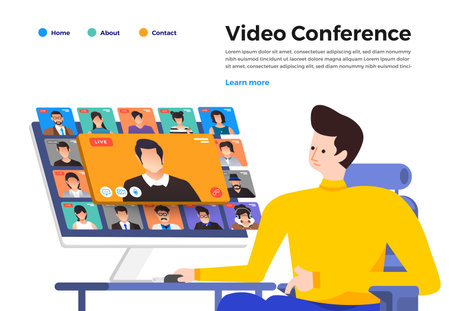 Illustrations flat design concept video conference. online meeting work form home. Call and live video. Vector illustrate.のイラスト素材