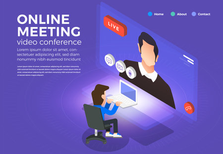 Illustrations flat design concept video conference. online meeting work form home. Call and live video. Vector illustrate.のイラスト素材