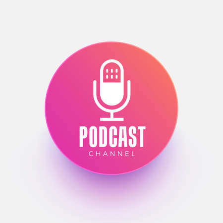 Vector illustrate the microphone icon in a black and white negative space.  Studio microphone table broadcast podcast text. Logo, application, user interface. Podcast radio icon.のイラスト素材
