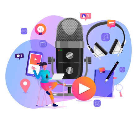 Vector illustrations concept design podcast channel. Teamwork make podcasting.Studio microphone table broadcast people. Podcast radio icon.のイラスト素材
