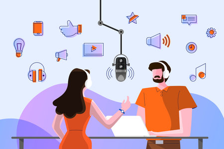 Vector illustrations concept design podcast channel. Teamwork make podcasting.Studio microphone table broadcast people. Podcast radio icon.のイラスト素材