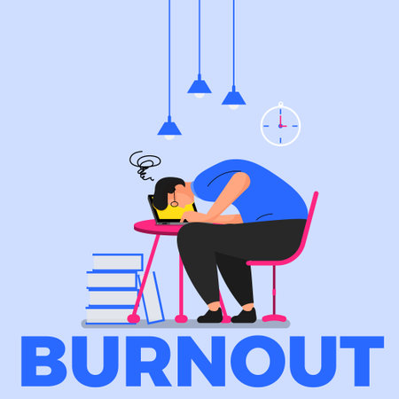 Burnout. Professional burnout syndrome. Tired man manager with full and low energy battery working on computer in workplace.Emotional burnout. A tired worker is sitting at the table.のイラスト素材