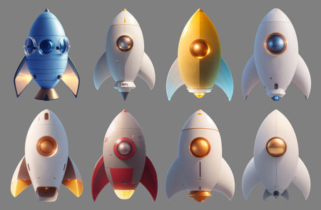 Set of 3D render rocket illustration. isolated on grey background, 3d cartoon style minimal spaceship rocket icon. isolated on white background, 3D illustration. - Generative AI.の素材