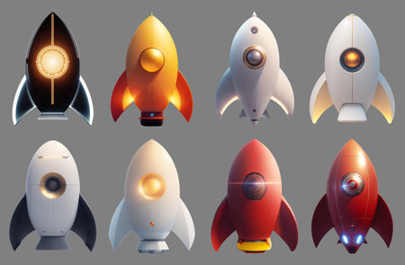Set of 3D render rocket illustration. isolated on grey background, 3d cartoon style minimal spaceship rocket icon. isolated on white background, 3D illustration. - Generative AI.の素材