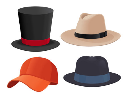 Vector hat collection illustrate, Female and male headwear, derby and cowboy, straw hat, cap, panama and cylinder. epsのイラスト素材