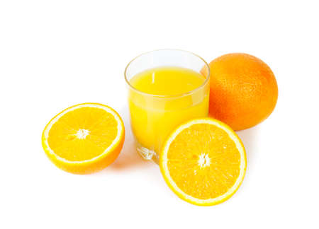 Orange juice with oranges isolated on whiteの写真素材