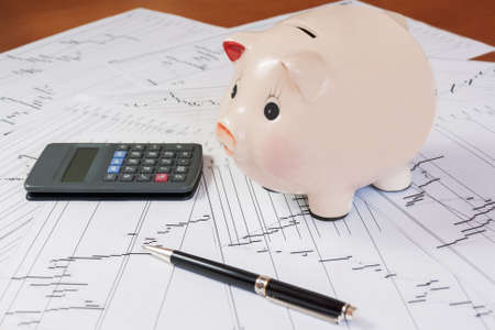 Piggy bank with calculator and business reportsの写真素材
