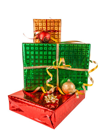 Gift boxes and christmas balls, isolated on white