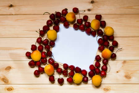 Card for notes with cherry fruits and apricots on wooden background.の写真素材