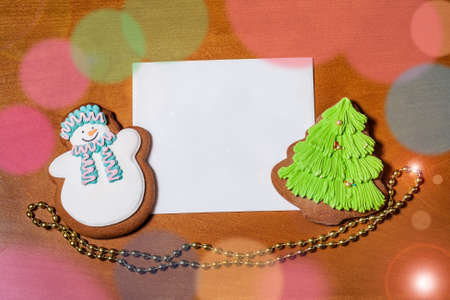 Greeting card with gingerbread cookies. Top view.の写真素材