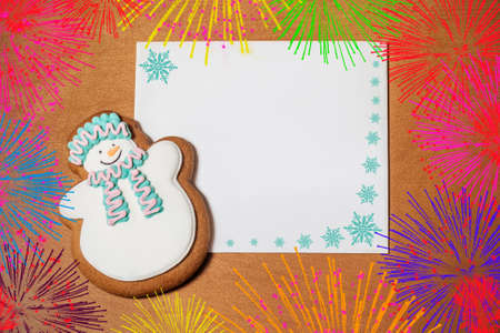 Greeting card with gingerbread cookie. Top view.の写真素材