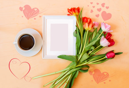 Cup of coffee, picture frame and tlip flowers
